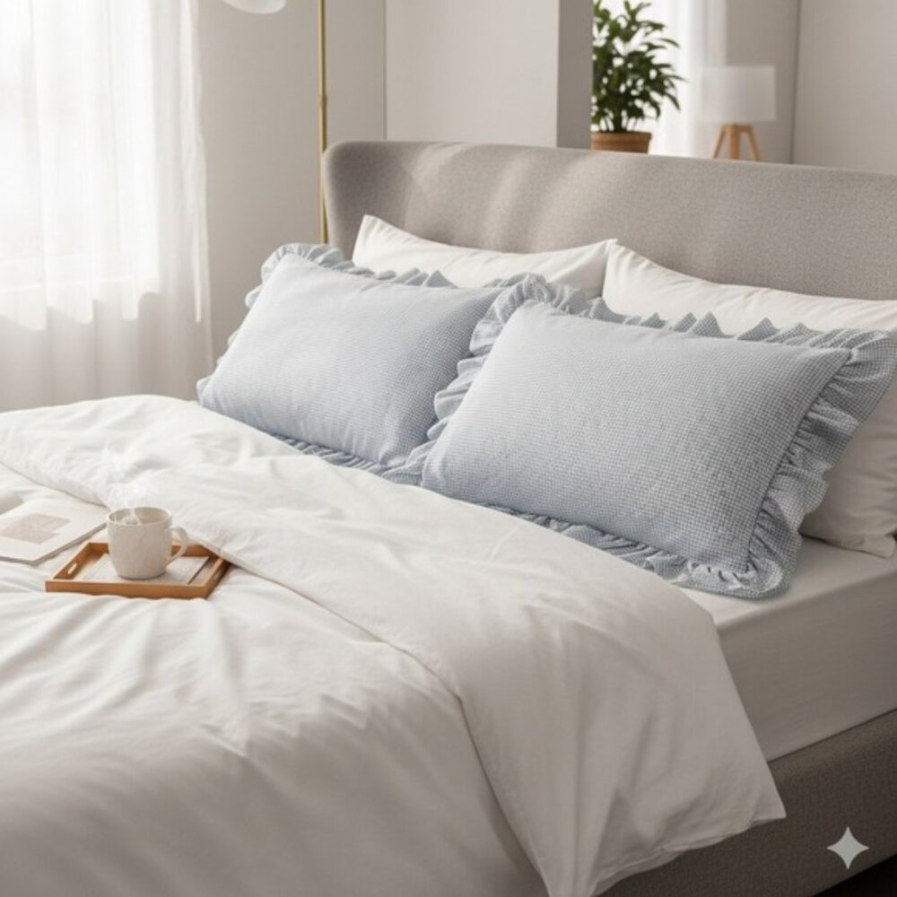 JCPenney Home Collection Standard‎ Pillow Shams x2 Blue White Gingham Ruffle